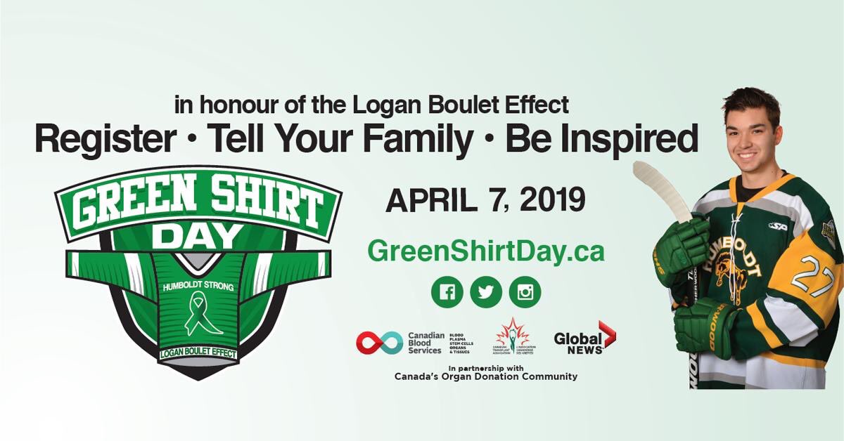 Don’t forget to get you’re green shirt ready to wear tomorrow for green shirt day! In honour of the Logan Boulet Effect, in support of
organ donor awareness / registration across Canada. Register•Tell Your Family•Be Inspired #greenshirtday #loganbouleteffect #talktoyourfamily