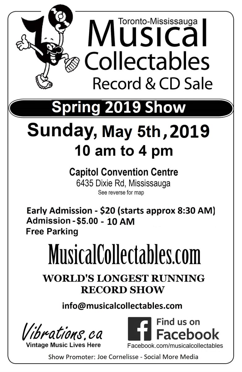 sonicmoremusic1's tweet photo. The Spring Toronto/Mississauga Musical Collectables Record Show &amp; Sale takes place on Sunday, May 5th, 2019 at the 
Capitol Banquet Centre at 6435 Dixie Rd, Mississauga, Ontario. 

https://t.co/LXfp3GrA3W

World's Longest Running Record Show! https://t.co/uXuJCsVVbz
