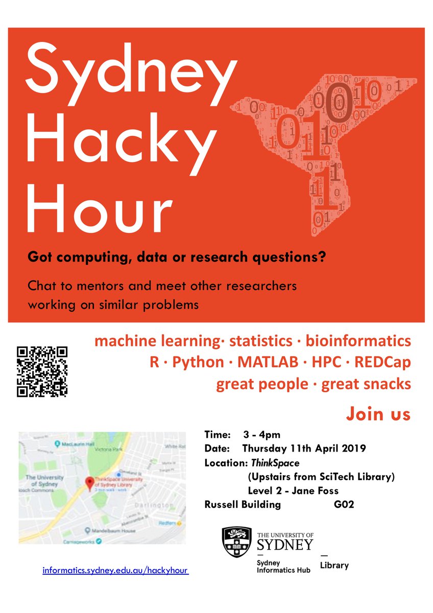 Sydney_CRF's tweet image. #SydInformatics is hosting a #HackyHour this Thursday 3 - 4 pm at ThinkSpace, Level 2 Jane Foss Russell Building.
Bring us your research problems and SIH will have its #DataScience, #Statistics, #Computing and Data Mangement folks on hand to try help solve ‘em. Cya there!