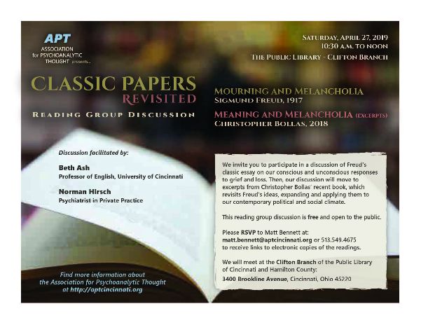 Reading Group Discussion Sat. April 27 10:30am at the Clifton Branch of the Public Library - Classic Papers Revisited: Mourning and Melancholia / Meaning and Melancholia mailchi.mp/da43c8b313f0/a…