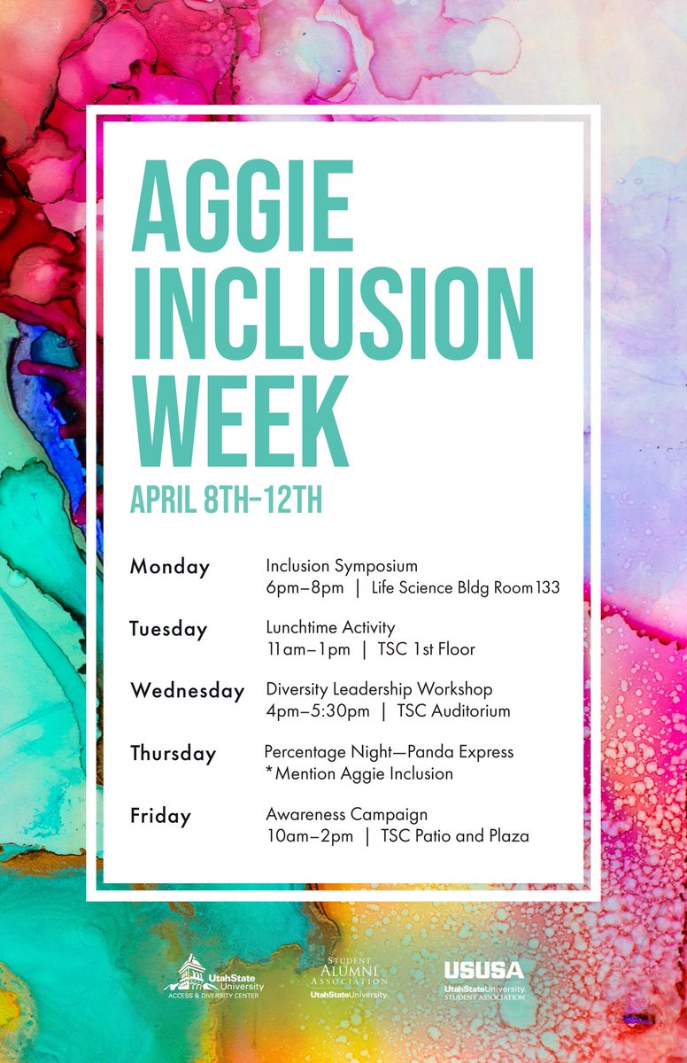 USUStudentAlum's tweet photo. Aggie Inclusion Week starts TOMORROW. Come and participate in these wonderful events, you may even get to see the lovely @CooperLex 👑 https://t.co/7IsCfp3Y9A