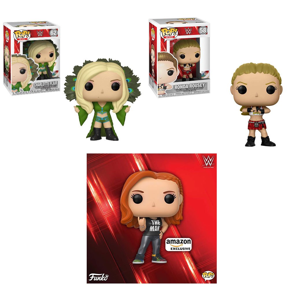 Funko's tweet photo. RT &amp; follow @funko for the chance to win a #WrestleMania Pop! prize pack featuring @MsCharlotteWWE, @RondaRousey, and the @amazon exclusive @BeckyLynchWWE Pop!s! #WWE #WrestleMania35 https://t.co/2UBl5VIXWK