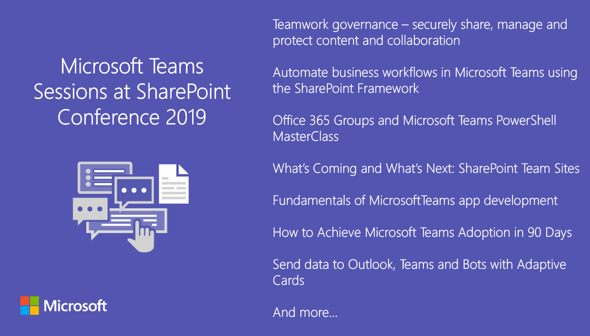 MicrosoftTeams's tweet photo. #MicrosoftTeams and @SharePoint are better together! Take a look at all these @MicrosoftTeams sessions at #SPC19 in Las Vegas, May 21-23. Register here: https://t.co/55JGvmvGff https://t.co/zncnivs2Iy