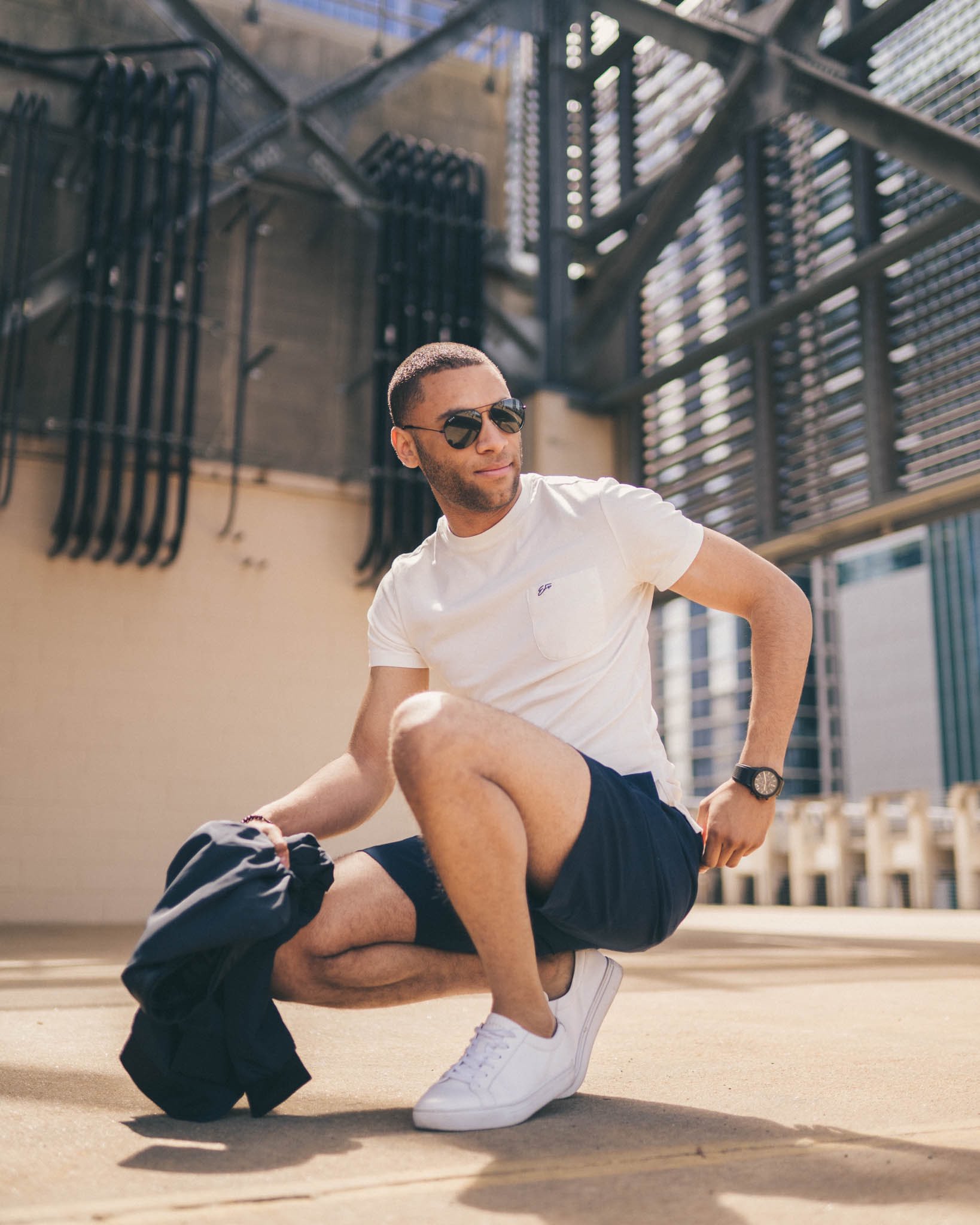 Khaki shorts white hot sale shoes