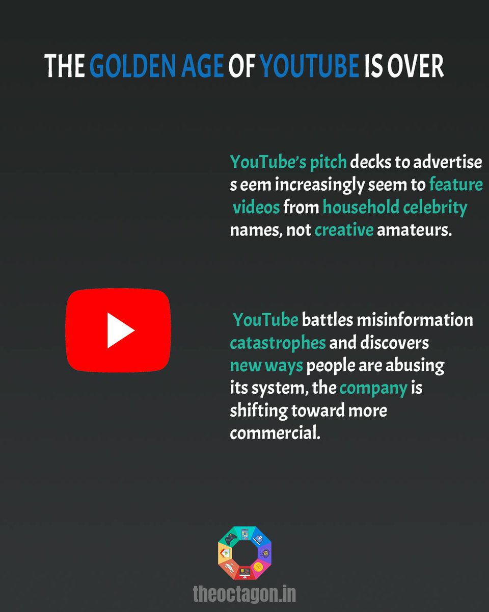 tech_Octagon's tweet photo. The golden age of YouTube is over 
.
.
Follow us  for more amazing content !
.
.
#internet #futuretech #facts #technology #blog #techblog#information #geek #techie #instagood #instatech #innovation#instafuture #trending #instago #YouTube #creators https://t.co/psL0ROhX4Q