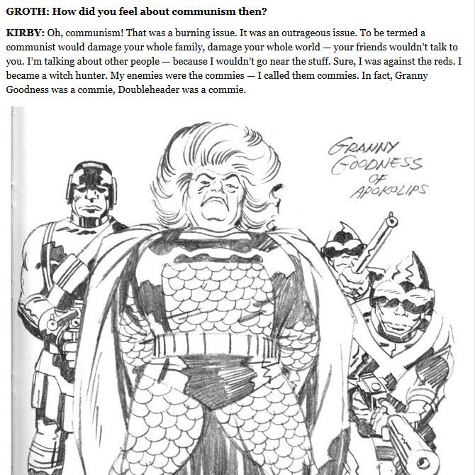 Jack Kirby would punch SJWs!

He was a blue-blooded Anti-Commie who used his later works to create characters to shame extreme Leftists! 

Hell yeah KING KIRBY! 🐸🌈👊