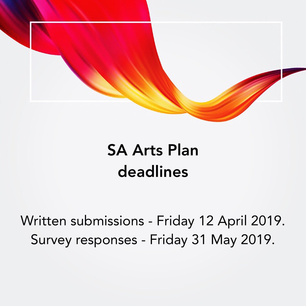 AICSAinc's tweet photo. SA ArtsPlan deadlines: Written submissions due Friday 12 April 2019. Survey responses due Friday 31 May 2019, 5pm. Find out how to have your say at https://t.co/GTGz2ZjTSb
#ArtsSouthAus #ArtsSA #ArtsSouthAustralia #SouthAustralianArt #SAArtsPlan #ArtsPlan #ArtsFunding #AICSA https://t.co/ufLDVjFRAr
