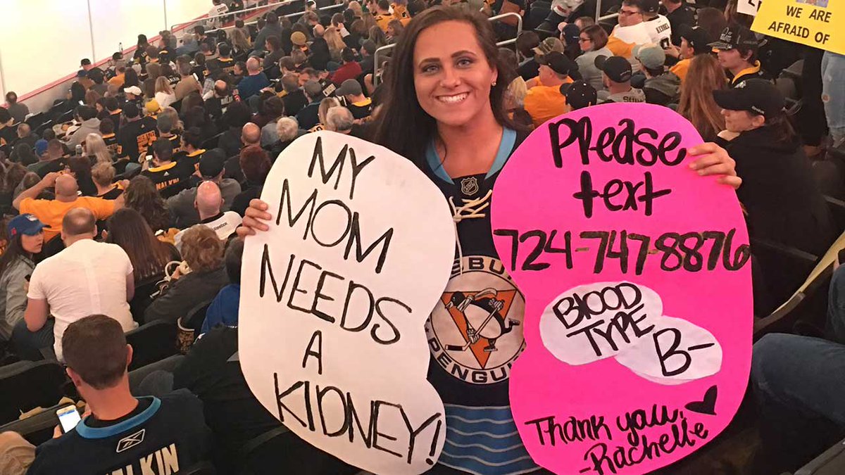 WPXI's tweet photo. Pens fan @Ratchell__ hopes to help mom find a kidney at final regular-season game https://t.co/ypi8CrBTMV https://t.co/06v3b3Ah5m