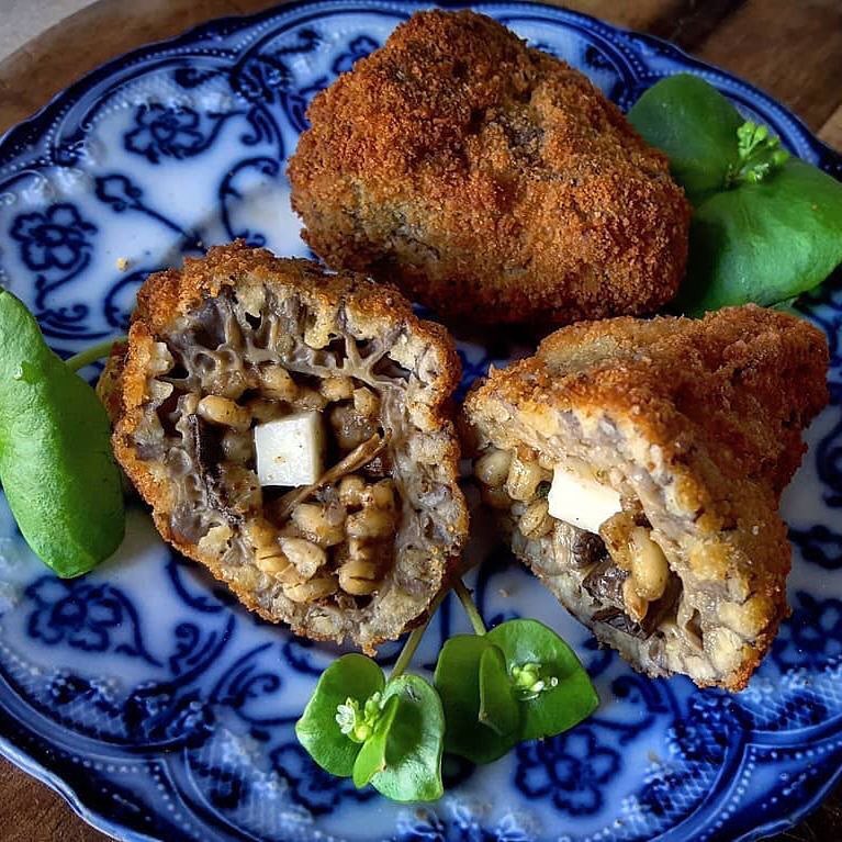 Arancini-inspired breaded #morels stuffed with wild mushroom orzotto by <a href="/eduliswildfood/">Edulis : wild food</a>. Orzotto is risotto made with barley instead of rice. The filling has pearled and koji barley with wakame miso paste, lacto cep liquid, cep powder and dried winter chanterelles. #wildfoodlove