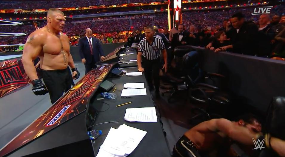 Match isnt even started and The Beast <a href="/BrockLesnar/">Brock Lesnar</a> Brutally attacked Beast Slayer <a href="/WWERollins/">Seth Rollins</a> before he even entered the ring. #WrestleMania #Wrestlemania35