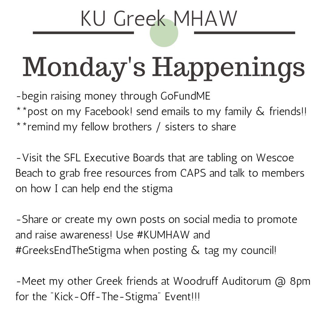 Join @KU_IFC <a href="/KU_MGC/">Multicultural Greeks</a> <a href="/KUNPHC/">KU NPHC</a> &amp; KU PHA for Mental Health Awareness Week, April 8-12!

Here are Monday's events: