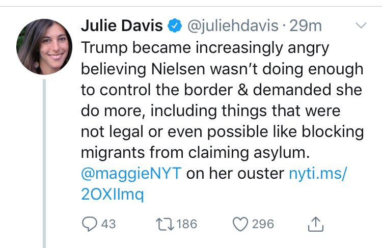 I think  @maggieNYT is of the best-sourced WH Journos, but I think by now she is inflating her sources prowess to keep up with  @jonathanvswan et al who have gotten points despite inflating sourcing. At 5:45, Maggie didn't know Nielson's status but by 6:45 she has the deatils? Pls!