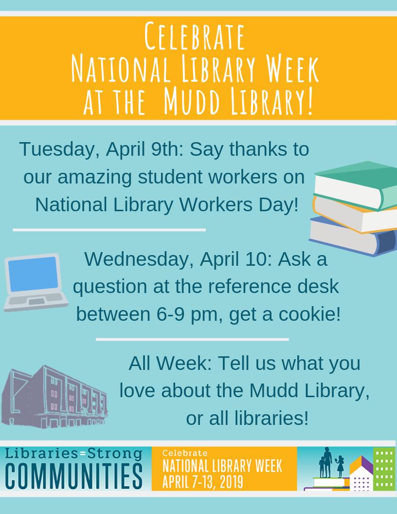 Poster describing National Library Week events: Tuesday, April 9th: Say thanks to our amazing student workers on National Library Workers Day! Wednesday, April 10: Ask a question at the reference desk between 6-9 pm, get a cookie! All Week: Tell us what you love about the Mudd Library, or all libraries!