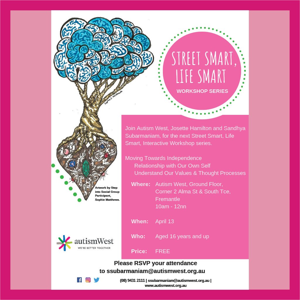 Street Smart, Life Smart Workshop Series
April 13th, 10am-2pm

Join us for our next workshop session on moving towards independence!

This event is for ages 16 and up, and is completely free!

Want more info? Check out our flyer!