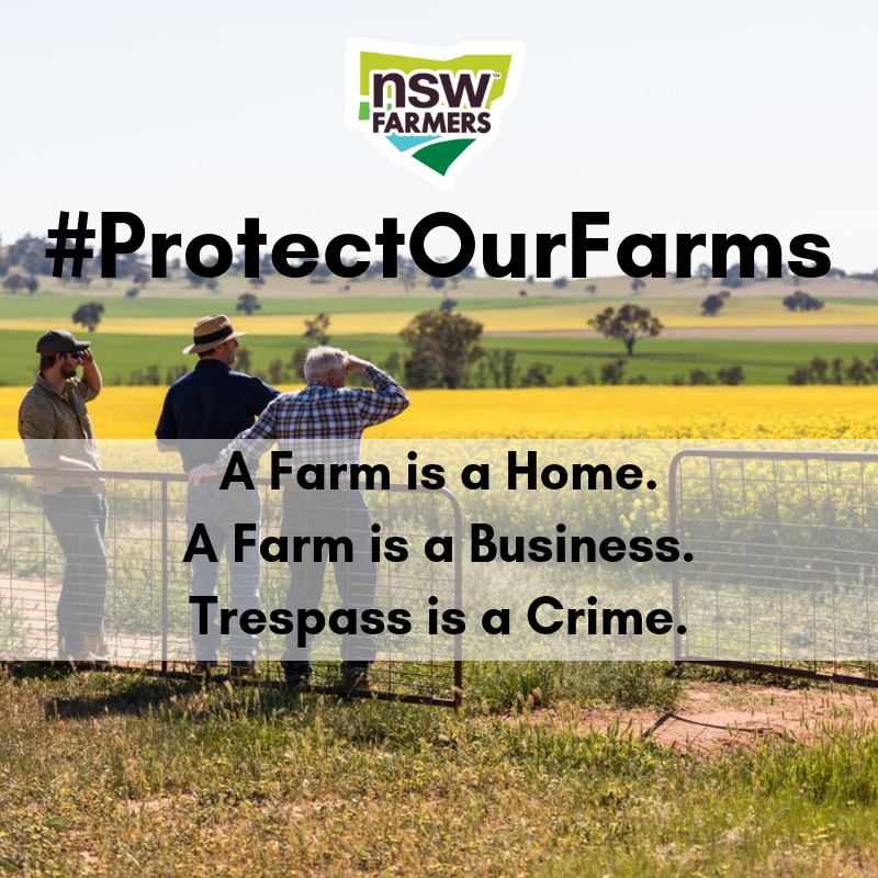 NSWFarmers's tweet photo. #ProtectOurFarms, respect the #law and support our #farmers. Animal activists illegally #trespassing on #farms will not be tolerated. It is a #crime to enter private property without permission. #nswfarmers #growingthebest #focusonag https://t.co/R0JUOrBBpj