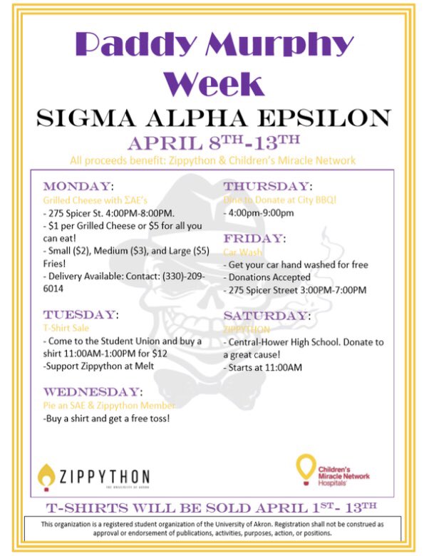 SAE_OhioPhi's tweet image. Dont forget to kick off Paddy Murphy week with some grilled cheese and french fries tomorrow! Come by the house and get unlimited grilled cheese or get it delivered! Contact (330)-209-6014 for delivery! Shirts will also be available tomorrow!