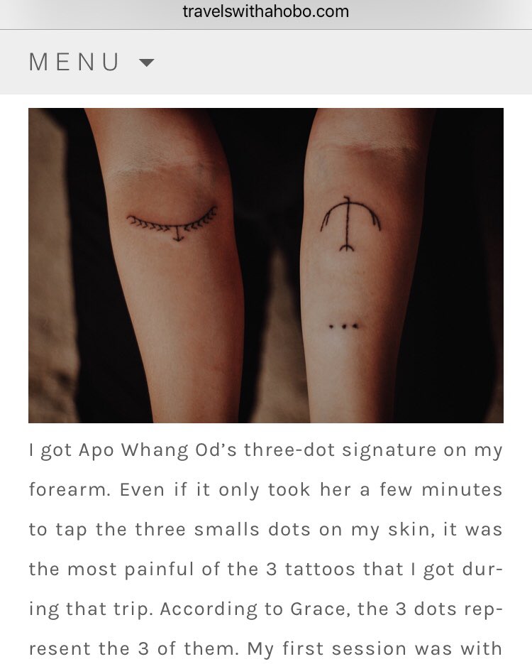 ♡ on X: "Maine's new tattoo by Apo Whang Od is Apo's three-dot signature. According to a blog post (travelswithahobo), the blogger got three tattoos and her three-dot was the most painful.