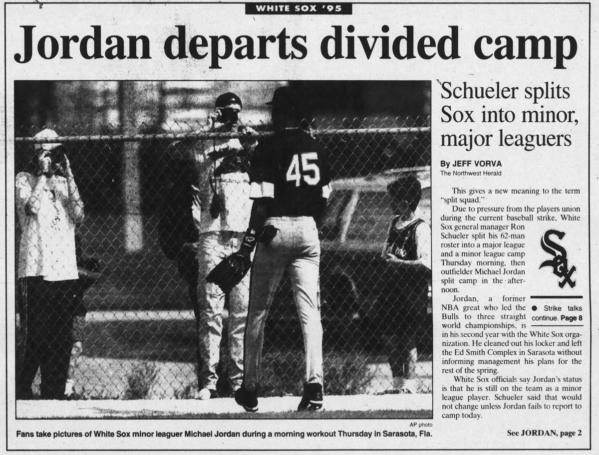 On March 2, 1995, the tension snapped. Jordan was among 30 minor leaguers who refused to play in spring games as replacement players. They were banished to a lesser locker room. Jordan left camp. The Bulls, meanwhile, were 28-30, sixth in the East.