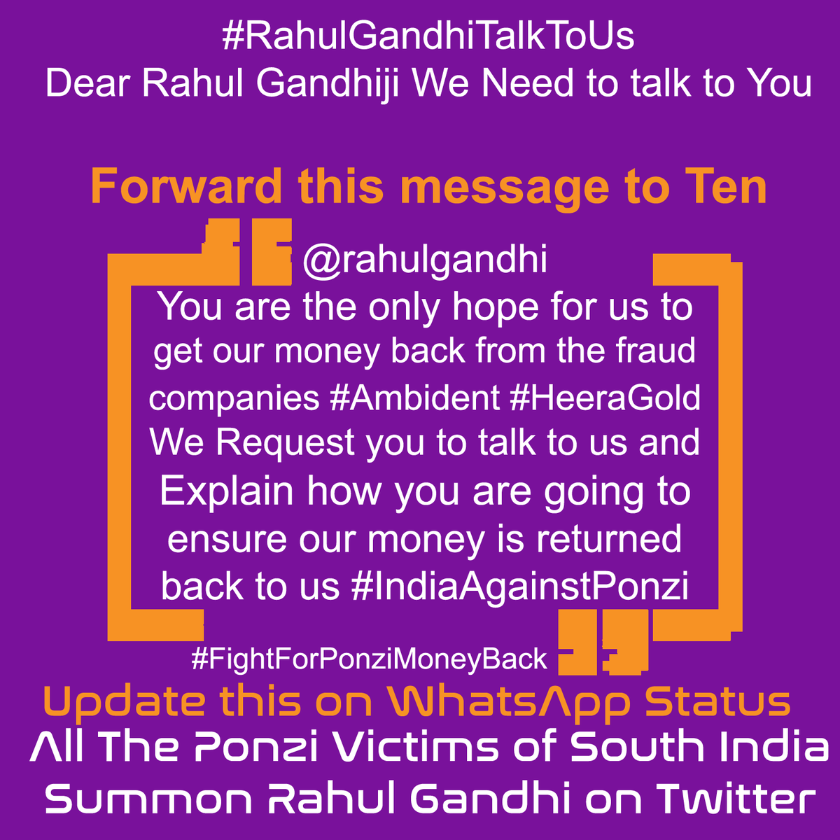 newstodaymetro's tweet photo. @rahulgandhi We the Victims of #Ponzi companies #Ambident #Heeragold #injaaz #Ajmera etc want to meet you. #RahulGandhiTalkToUs we trust you please help us in getting our money back #IndiaAgainstPonzi #FightForPonziMoneyBack #CongressManifesto https://t.co/emJEE0D4HS