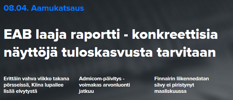 Inderes's tweet photo. Erinomaista alkanutta viikkoa! ☕️Tänään aamukatsauksessa laaja raportti #EABGroup:sta ja #Admicom-päivitys. Lisäksi #Finnair:n liikennetietoja, #Verkkokauppacom:n kilpailijan Powerin tuloskehitystä, #Bittium:n tilaus ja uutisia media-alan konsolidaatiosta. https://t.co/JJnM5mrQDC https://t.co/ikNNJe5vEz