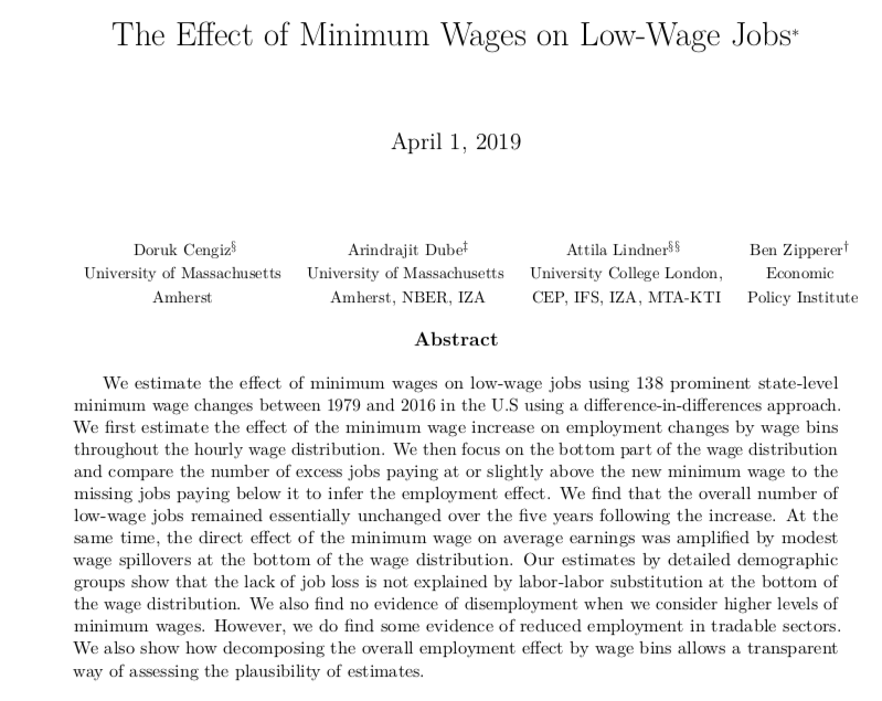 arindube's tweet photo. Pleased to announce that our paper quantifying the overall effect of US minimum wages on low-wage jobs is now forthcoming at the Quarterly Journal of Economics.  

Here's the current version: https://t.co/noG5yZHsQG https://t.co/UnZlAFlFSv