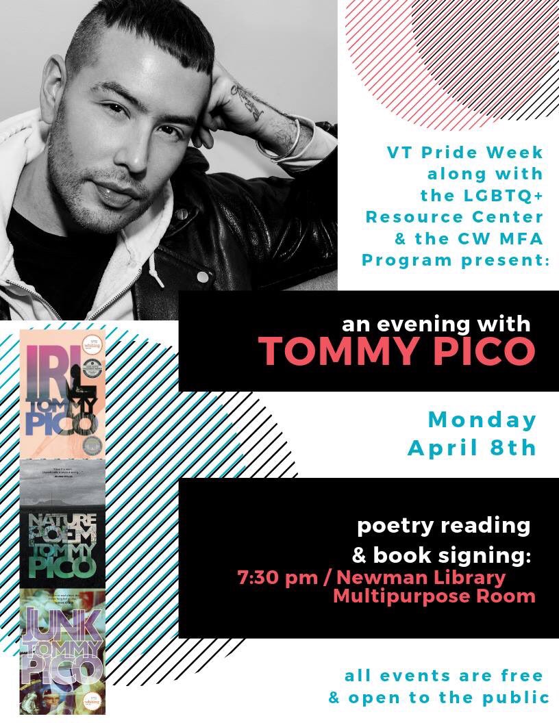 VT_CCC's tweet photo. Last day of #VTPrideWeek is tomorrow. First ever summit for queee creatives at @virginia_tech, moderated lunch discussion with tommy pico, and tommy does a reading and book signing. #VTQCreatives https://t.co/FQ9bjL5tm9