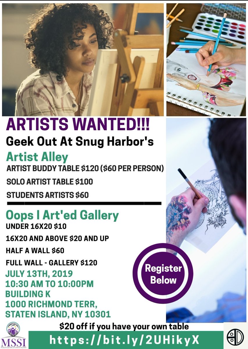 MuslimSistersSi's tweet photo. We're giving the people what they wanted. LOWER Prices for our Artist Alley and #OopsIArted Gallery. This event is meant to be fun not stressful

If you have any questions feel free to message us
@SnugHarborCCBG 
#GeekOutAtSnugHarbor #DividedDistrictStudios #follow #retweet https://t.co/0zvvO4ZMFC