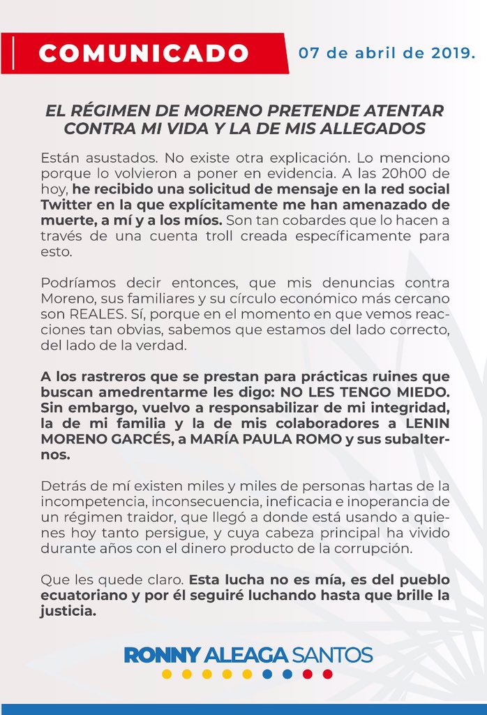 COMUNICADO | Ante la amenaza de muerte recibida hoy, vuelvo a responsabilizar de mi integridad, la de mi familia y la de mis colaboradores a <a href="/Lenin/">Lenín Moreno</a> Moreno Garcés, María Paula Romo y sus subalternos.