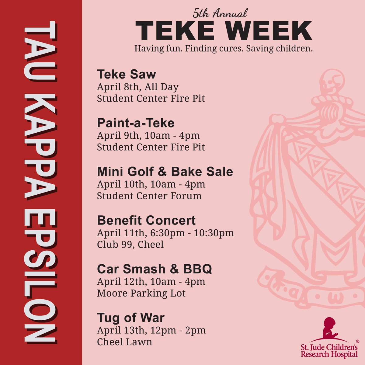 Our 5th Annual Teke Week kicks off tonight! Here’s our schedule for all of the events. If you would like to support St. Jude Children Research Hospital, please donate to the link in our bio!