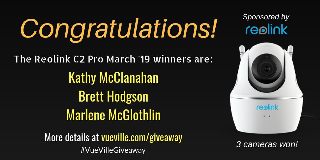 VueVille's tweet photo. We are happy to announce the winners of the #Reolink #C2Pro March 2019 #VueVilleGiveaway: Kathy McClanahan (@sweetjessie55), Brett Hodgson (@Brettlyray), and Marlene McGlothlin (@marlenemcglothl). Congratulations & thanks to everyone who entered! https://t.co/4fcppbE4uI