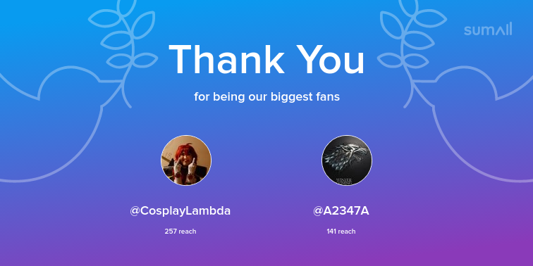 Our biggest fans this week: <a href="/CosplayLambda/">🦾🔥Наполеон Карликович</a>, <a href="/A2347A/">Centrovoy 🇷🇺</a>. Thank you! via sumall.com/thankyou?utm_s…