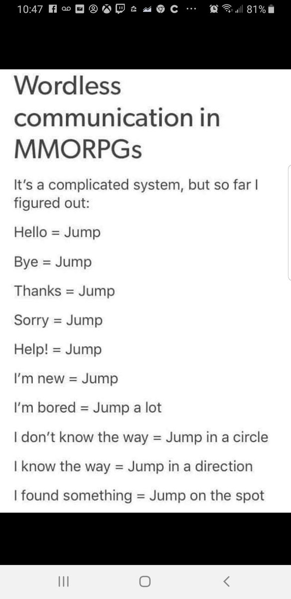 SwytchF's tweet photo. I have a friend I play apex with, and he never has a mic, so that just made me want to post this (not just applicable in mmorg's) 🤣🤣🤣

#videogames #jump #apex #gamingprobs #nomic #xbox #streamer #communication #games #gamer https://t.co/nrWWaMAVNl