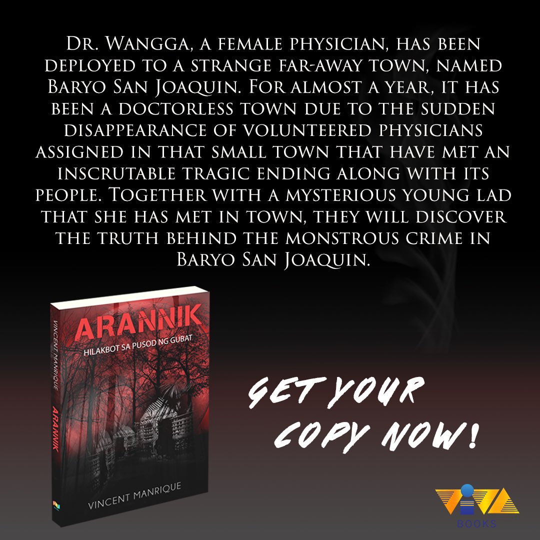 VIVABooks_'s tweet photo. What terrifying creatures come out when darkness falls in Baryo San Joaquin?
Find out in the new horror-mystery novel “Arannik”, now available in all leading Metro Manila bookstores.
#VIVABooks #Arannik https://t.co/kSed9HDEn4