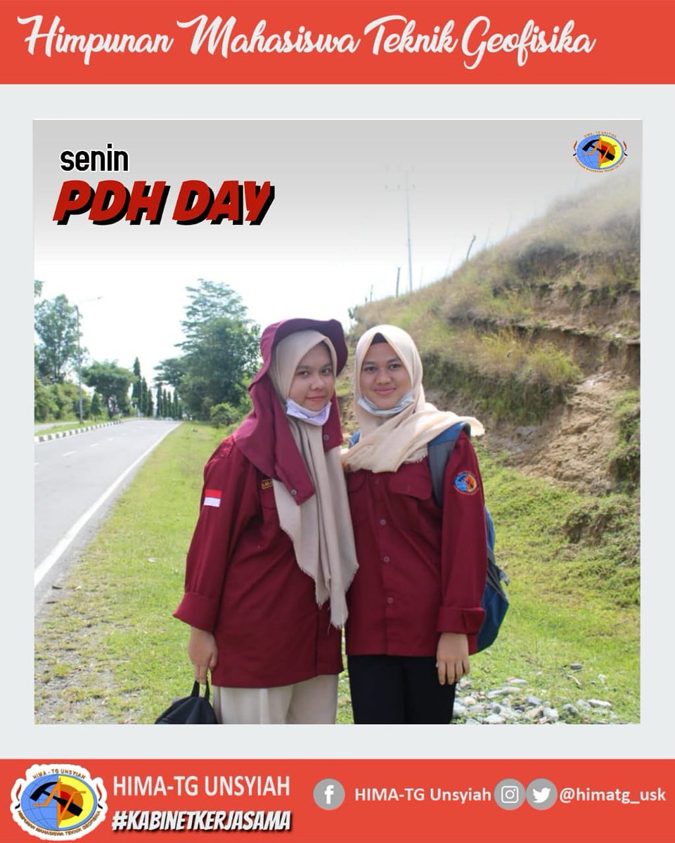 [PDH DAY]

Hallo semua🙋
Hari ini Senin!
Jangan lupa pakai baju seragam kebanggaan kita yaa..Tunjukkan identitas kita sebagai Mahasiswa Teknik Geofisika.!
.
#HimaTG #KabinetKerjasama #Geofisika #FT #Unsyiah #Aceh