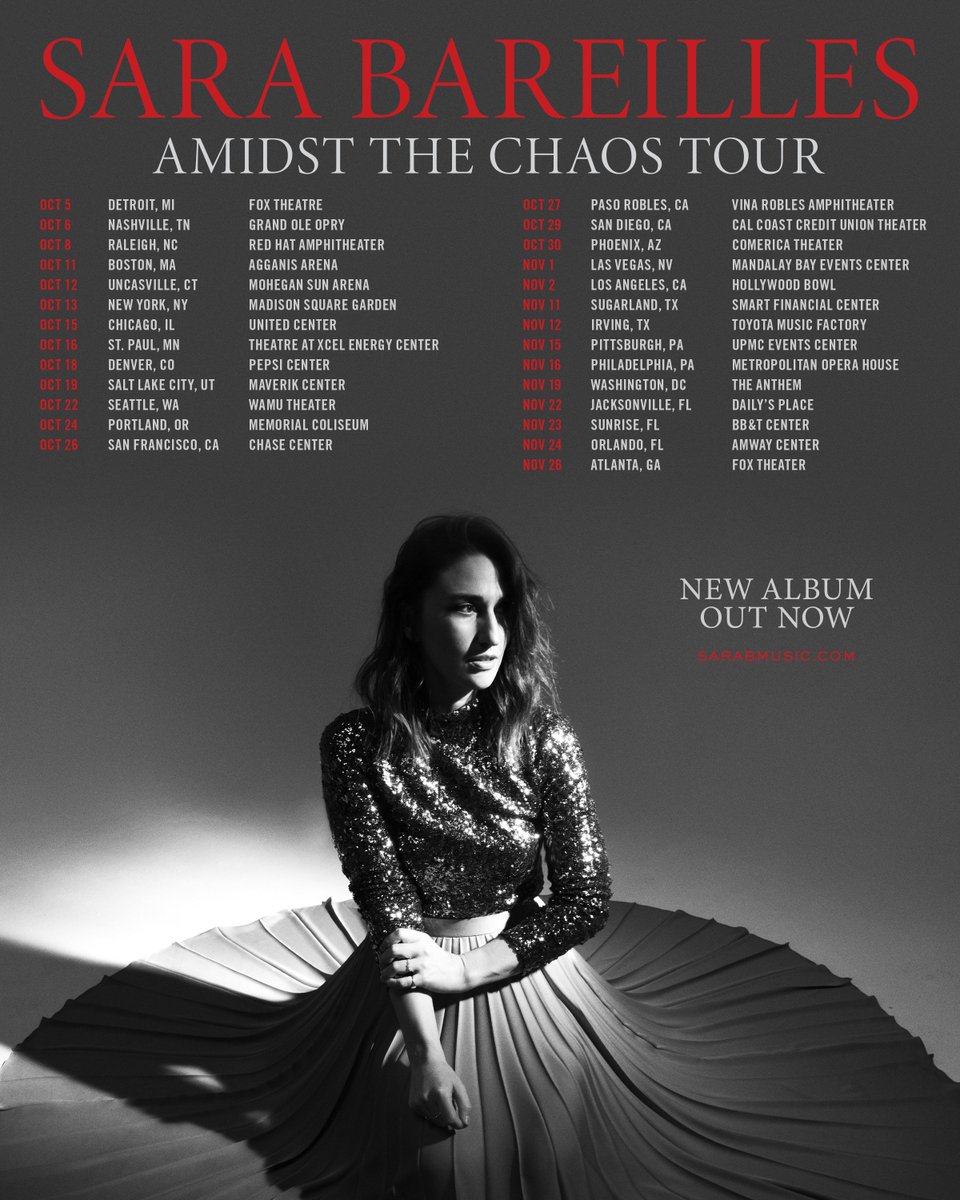 SaraBareilles's tweet photo. I told you there would be more! Here it is…AMIDST THE CHAOS TOUR! Tickets will go on sale 4/12 @ 10am local time. I hope to see you there!  https://t.co/UWzRxPIxzg https://t.co/FnNB6VP1Oj