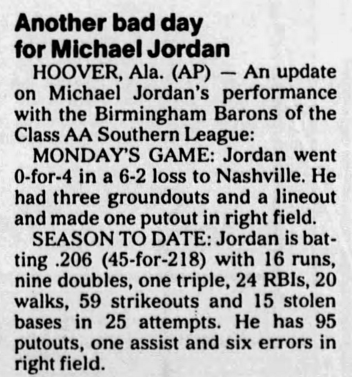 Just as quickly, he slumped. Hitting .327 at the end of the streak, with a peak of .333, Jordan’s average plummeted under .200 by the first week of June.