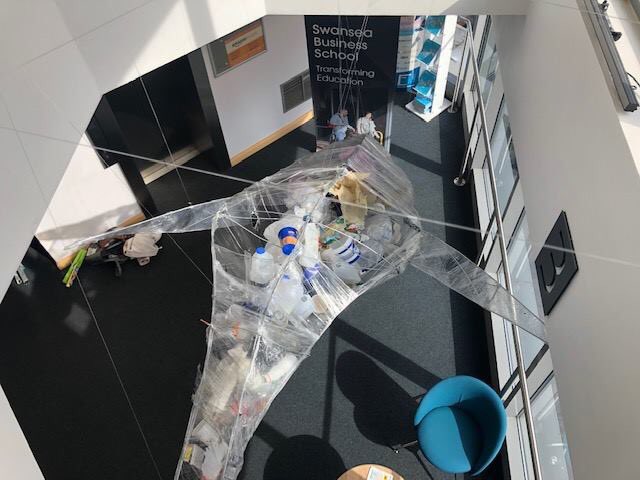 Check out this great project to highlight #plasticpollution in the ocean by <a href="/ArtSwansea/">Swansea College of Art UWTSD</a> student Moses. Moses has installed a giant #whale made of waste at UWTSD’s Swansea Business campus. Congratulations Moses on this ambitious piece of work, we think it looks amazing!