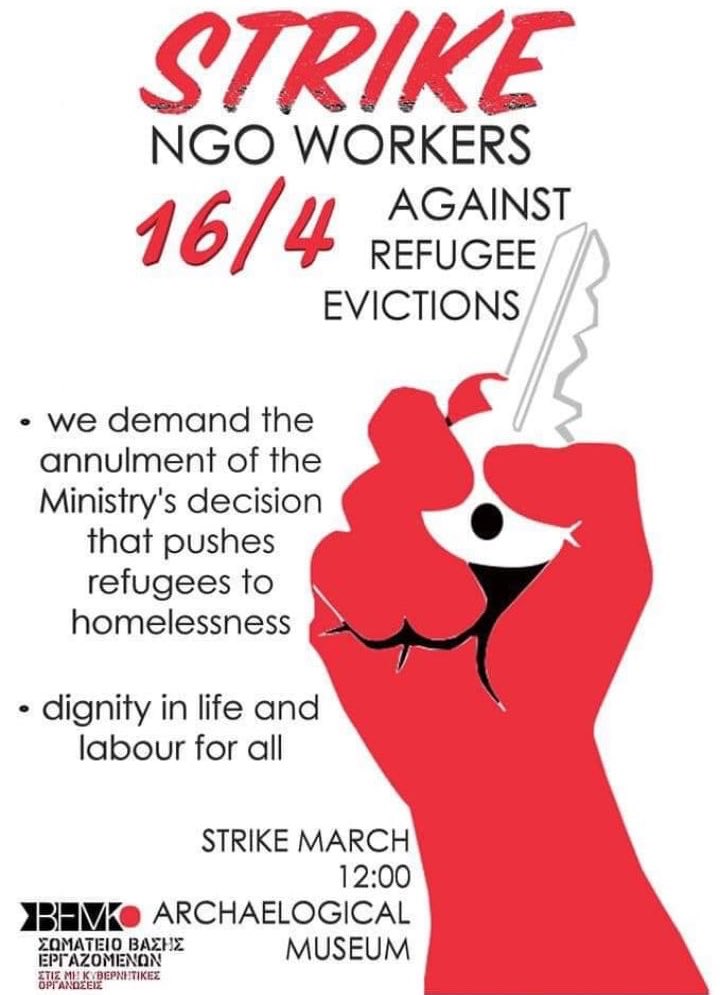ADHKELLADA's tweet image. Mültecileri evlerinden tahliye etmek isyen NGO şirketi çalışanları bu uygulamaya karşı 16 Nisan’da greve çıkıyor.#solidarty