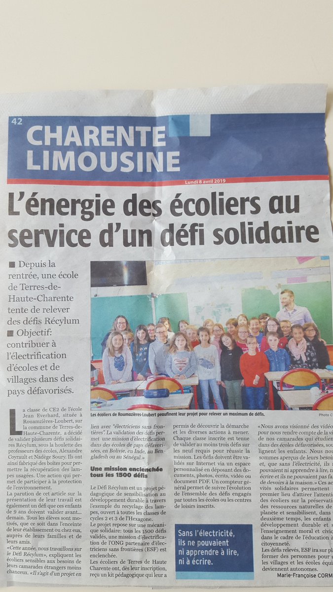 ce1_roumazieres's tweet photo. Nouveau #defirecylum validé grâce au bel article dans #charentelibre
Ce n'est pas fini, demain interview par une radio!
Encore une fois très fier de mes élèves et de leur implication. Merci à eux.
#recylum #projet https://t.co/l1HYDAiGyP