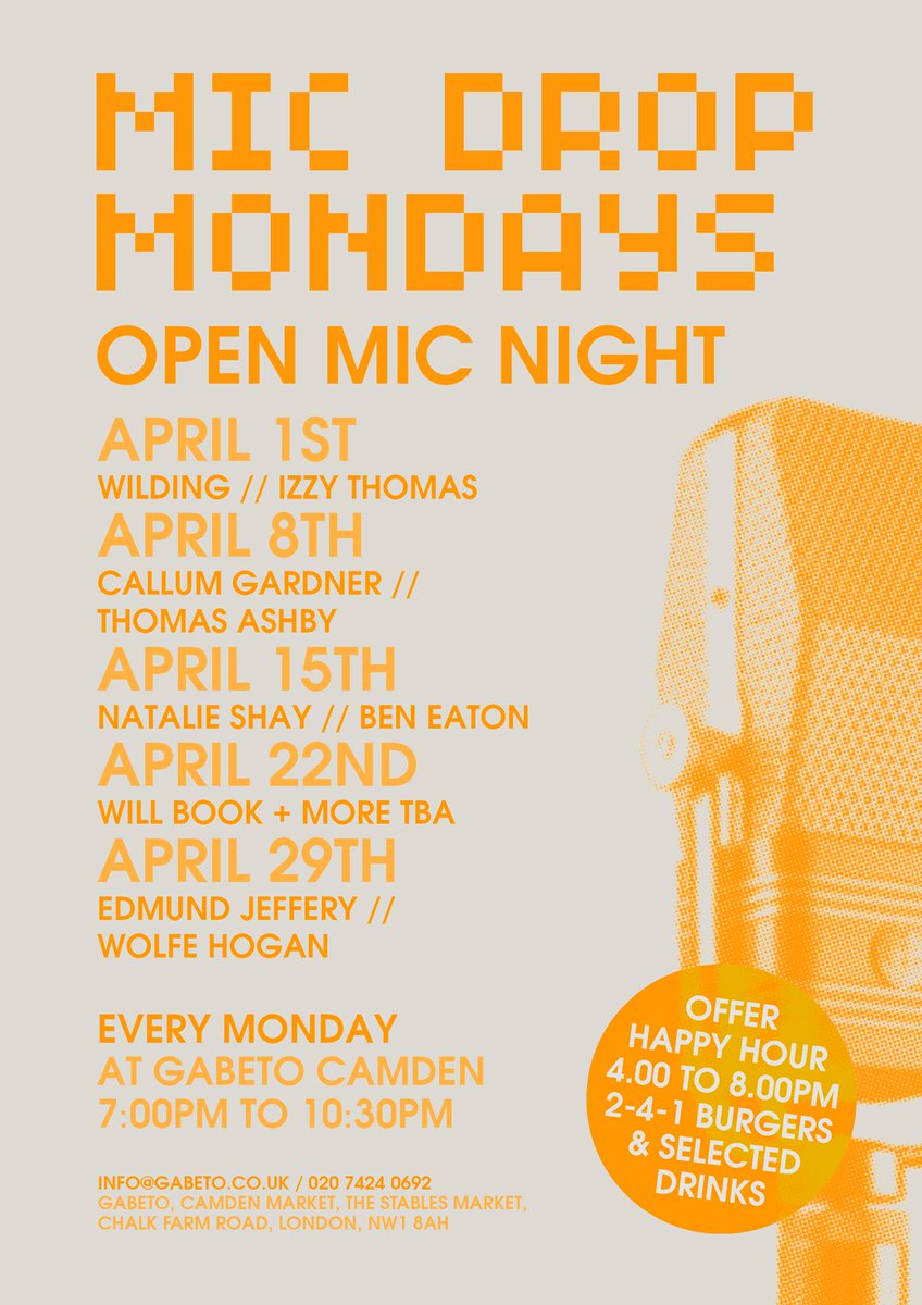 More live music for you tonight as Mic Drop Mondays returns. Acoustic performances from Callum Gardner, Thomas Ashby + guests. Don't forget it's also 241 on burgers &amp; selected drinks! 🎤🍻

_________________
gabeto.co.uk