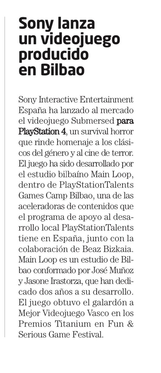 MainLoopGames's tweet photo. El pasado viernes 29 salimos con #submersed reseñados en #elnervion, gracias por la visualización!
@BizkaiaEmpresa @BizkaiaEmprende @PSTalents
#indiegames #indiegame #mainloop #survivalhorror
https://t.co/RwHZ19G7Gf… https://t.co/DTUhtH4d61
