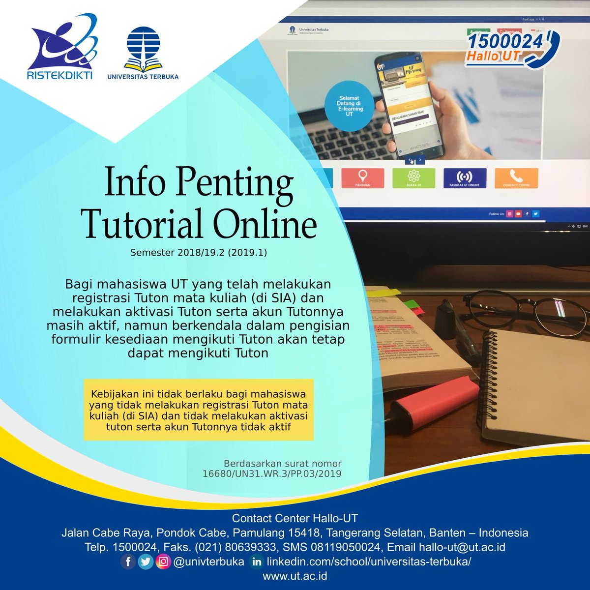 UnivTerbuka's tweet photo. Bagi mahasiswa UT yang berkendala dalam pengisian formulir kesediaan mengikuti Tutorial Online (Tuton) mohon dapat membaca informasi pada https://t.co/yGO0Yp3YjX
#UniversitasTerbuka #InfoUT #eLearningUT https://t.co/Jm6br6J9vz