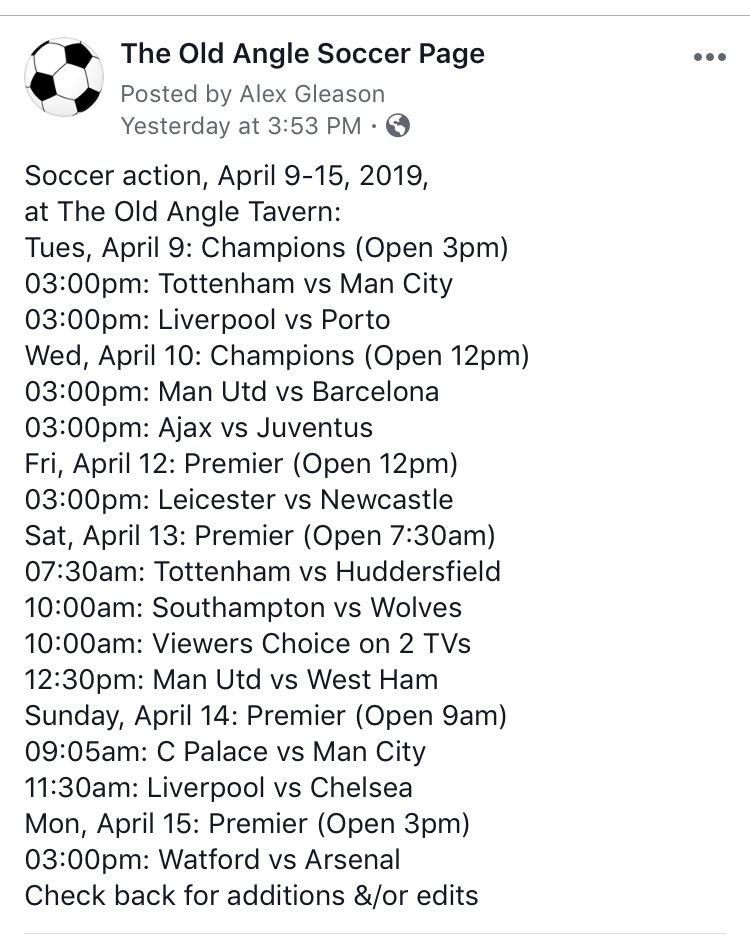 Soccer action, April 9-15, 2019, at The Angle ⁦<a href="/oldangletavern/">Old Angle</a>⁩