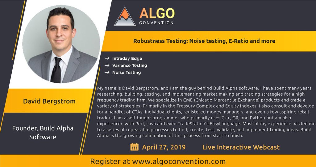 AlgoConvention's tweet photo. Listern @Dburgh on 27 April 2019 at https://t.co/VQAbMp1xut on how to #test the #robutness of #Strategy #Noisetesting #E-ratio and many other
#Intraday Edge #Variance Testing #Phyton #Quant #System #MondayMotivation @Deejaytweets @SOVITCMT @technovestor https://t.co/kSdBPxMoP2