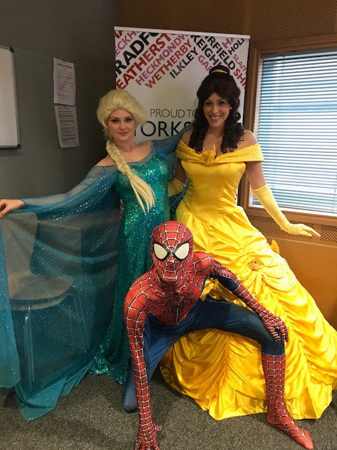 BBCLeeds's tweet photo. Spot the difference... Real life superheroes VS the @BBCLeeds Breakfast Team 🧐🧐🧐

@RichardStead is joined by Princess Elsa, Princess Belle, and Spiderman to hear about the party they're throwing at @Leeds_Childrens Hospitals later today ✨✨✨ https://t.co/UJr9JeAEyP