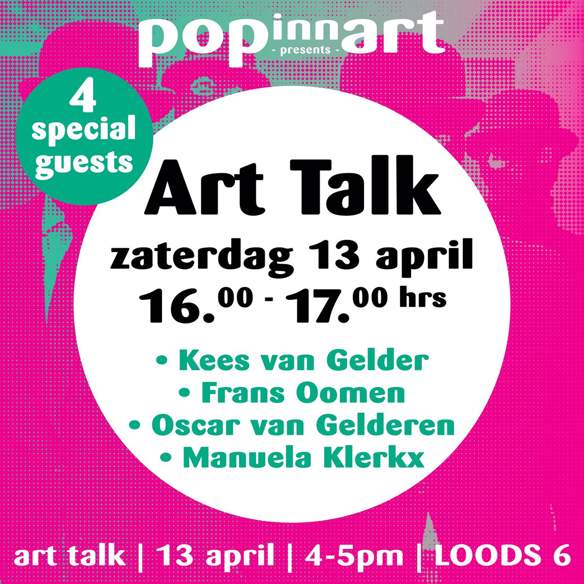 Zaterdag 13 april van 16 - 17:
Art Talk over multiples. 
Gasten: Kees van Gelder, Frans Oomen, Oscar van Gelderen en Manuela Klerkx. Alle do’s en don’ts worden onthuld die je als kunstenaar, kunstverzamelaar en galeriehouder moet weten ten aanzien van multiples.