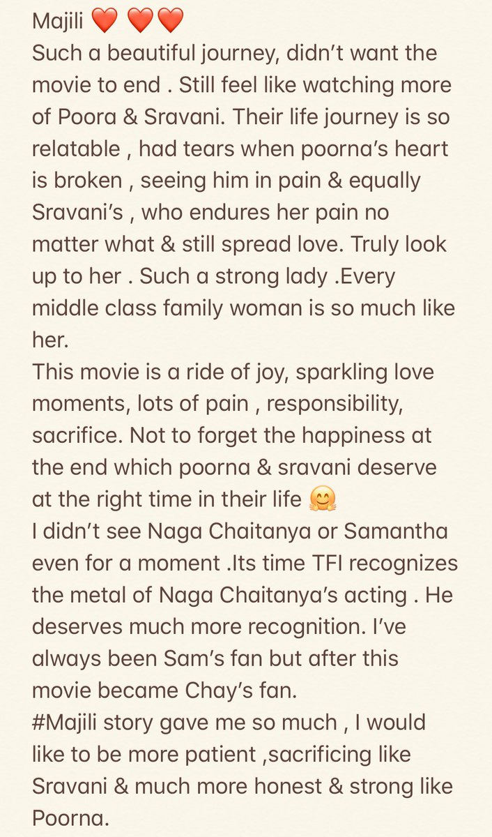 beingCandid999's tweet photo. #Majili ❤️❤️❤️ Couldn’t contain my emotions in 1 line , this 📝 for you both. Thank you @chay_akkineni  @Samanthaprabhu2 for choosing this story ,you guys r truly #Blockbustercouple in all respects 🤗👌🙏🏻. God bless you both 🤗 @ShivaNirvana garu meru👌🙏🏻we need a sequel ASAP 😀 https://t.co/WsQFuij5P7