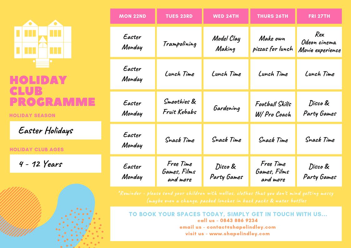 Have you seen our exciting programme of events for our #EasterHolidays, #HolidayClub 2019? We the <a href="/ShapeLindleyCIC/">Shape Lindley</a> team can't wait for the #Games, #Trampolining &amp; the big #Disco! There are spaces left for your kids to come, join us for an awesome Easter Holidays! Book today🐥