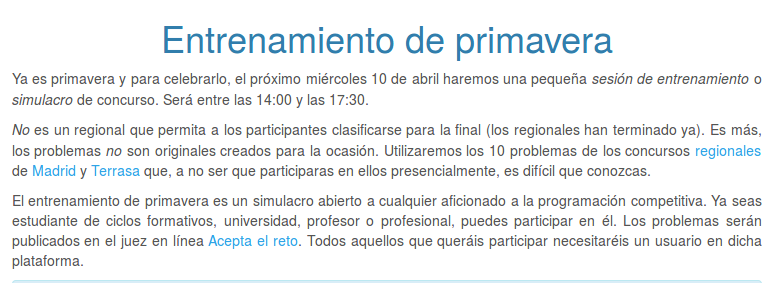 programame's tweet image. Si te has quedado con ganas de más concursos después de los regionales, apúntate a nuestro entrenamiento de primavera, que tendrá lugar el miércoles 10 de abril a partir de las 14h sobre ¡Acepta el reto! @juezonline Toda la información aquí: programa-me.com/2019/reg/prima…