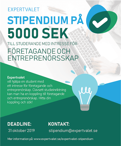 expertvalet's tweet photo. För tredje året i rad utlyser vi vårt stipendium som riktar sig till studenter med intresse för företagsamhet och entreprenörskap. Deadline är 31 oktober! Ni hittar mer info om stipendiet här 👉👉https://t.co/fVspOda2bP https://t.co/VlUmJhd2Wv